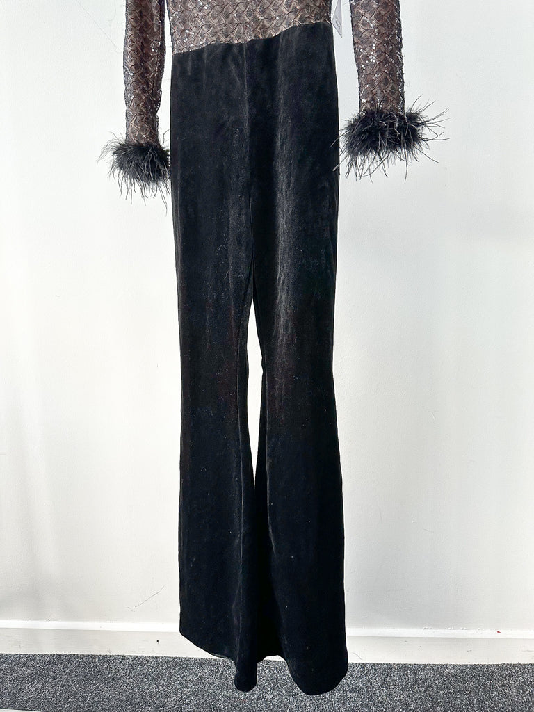 NADINE MERABI Black Monique Sequinned Lace Detail Feather Cuff Jumpsuit - House Of Huntington