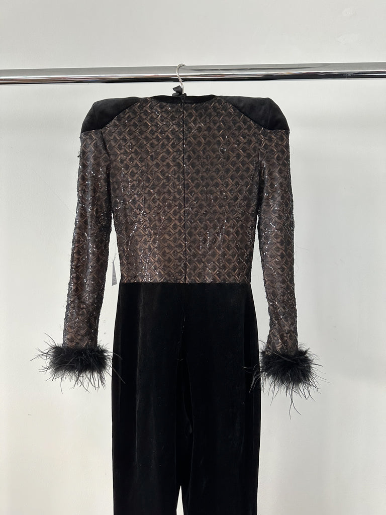 NADINE MERABI Black Monique Sequinned Lace Detail Feather Cuff Jumpsuit - House Of Huntington