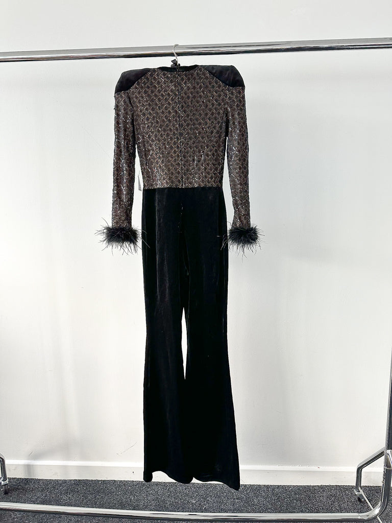 NADINE MERABI Black Monique Sequinned Lace Detail Feather Cuff Jumpsuit - House Of Huntington