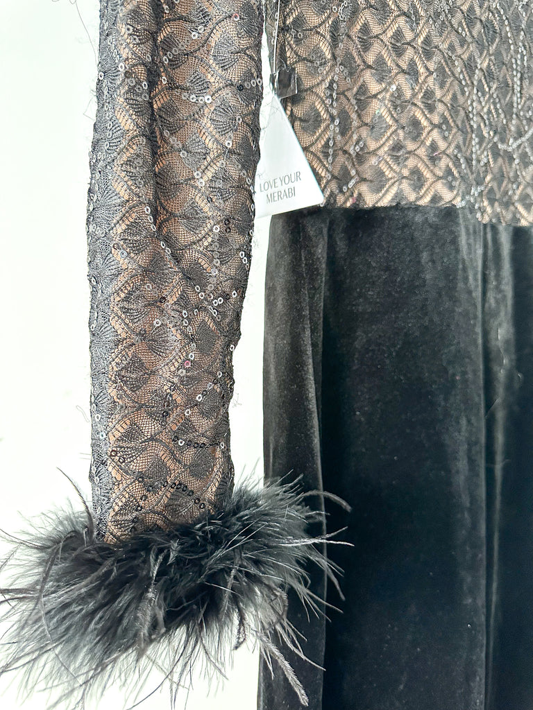 NADINE MERABI Black Monique Sequinned Lace Detail Feather Cuff Jumpsuit - House Of Huntington