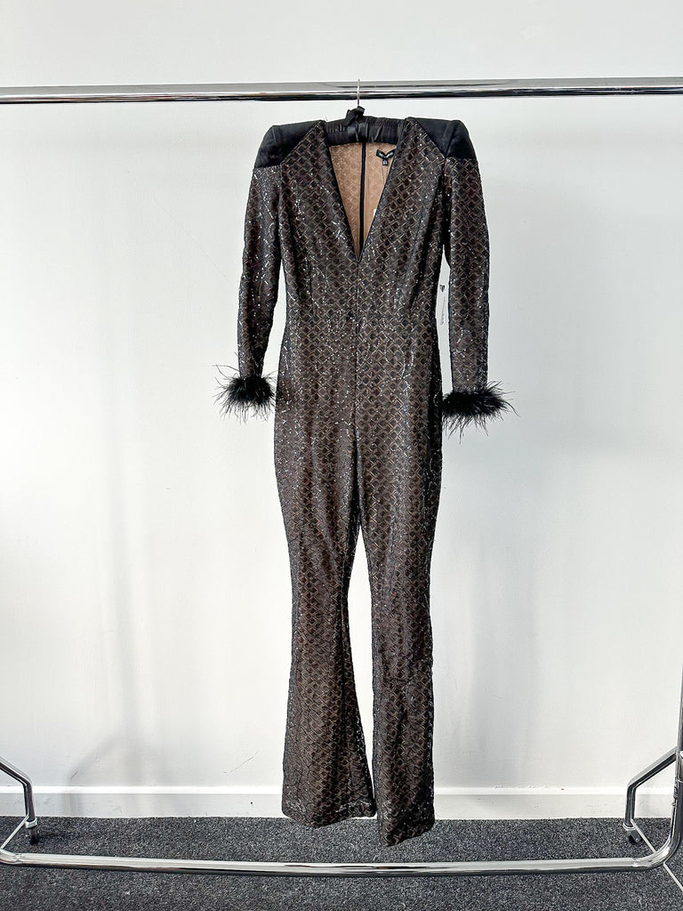 NADINE MERABI Black Rachel Full Sequinned Lace Detail Feather Cuff Jumpsuit - House Of Huntington