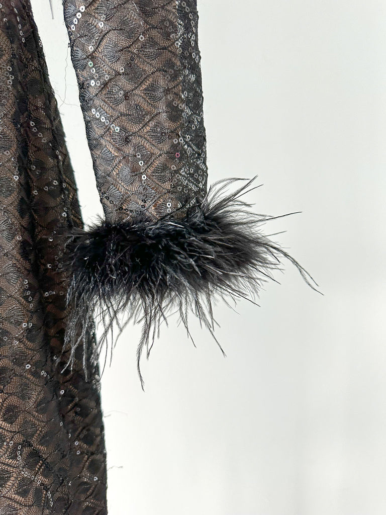 NADINE MERABI Black Rachel Full Sequinned Lace Detail Feather Cuff Jumpsuit - House Of Huntington