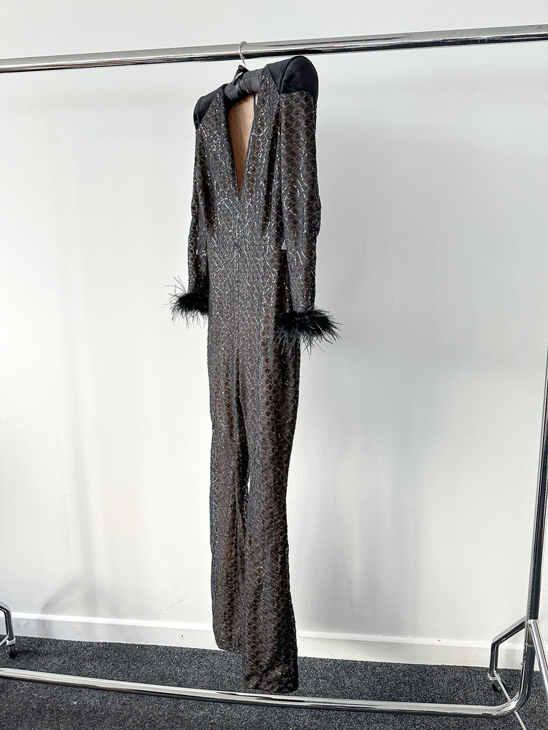 NADINE MERABI Black Rachel Full Sequinned Lace Detail Feather Cuff Jumpsuit - House Of Huntington