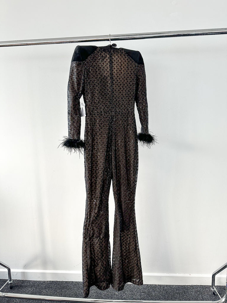 NADINE MERABI Black Rachel Full Sequinned Lace Detail Feather Cuff Jumpsuit - House Of Huntington