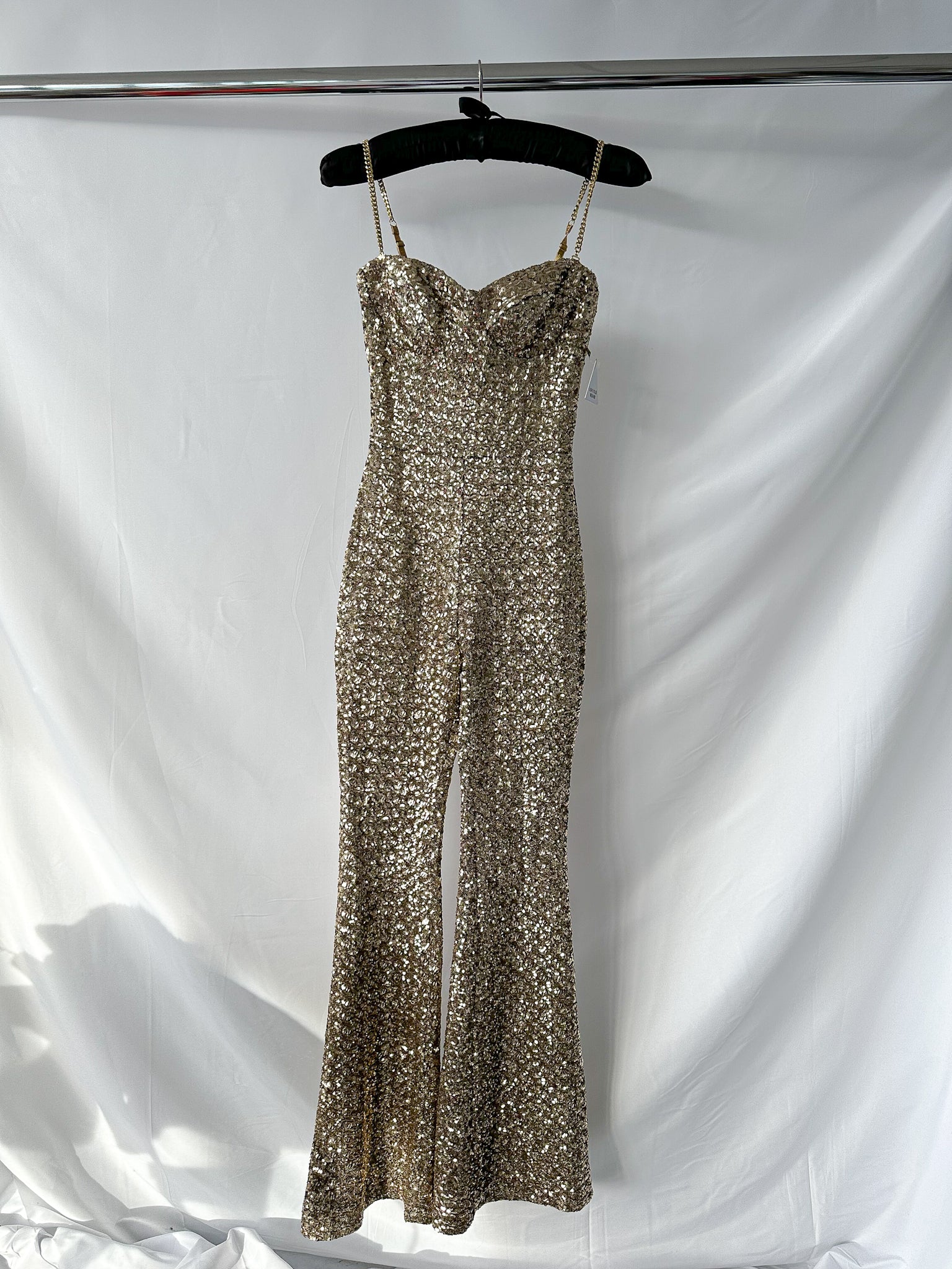 Nadine Merabi Gold Lucinda Chain Strap Sequinned Embellished Jumpsuit