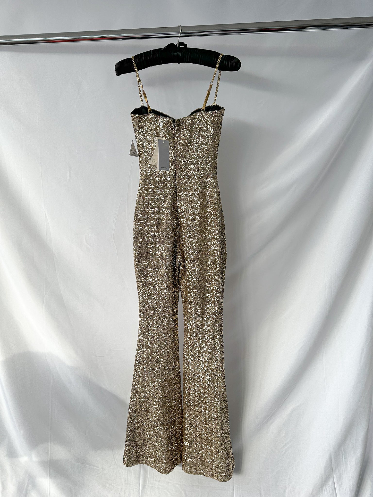 Nadine Merabi Gold Lucinda Chain Strap Sequinned Embellished Jumpsuit