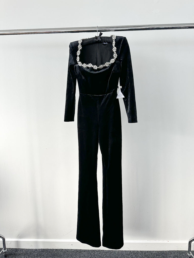 NADINE MERABI Black Kimberly Jewel Embellished Velvet Jumpsuit - House Of Huntington