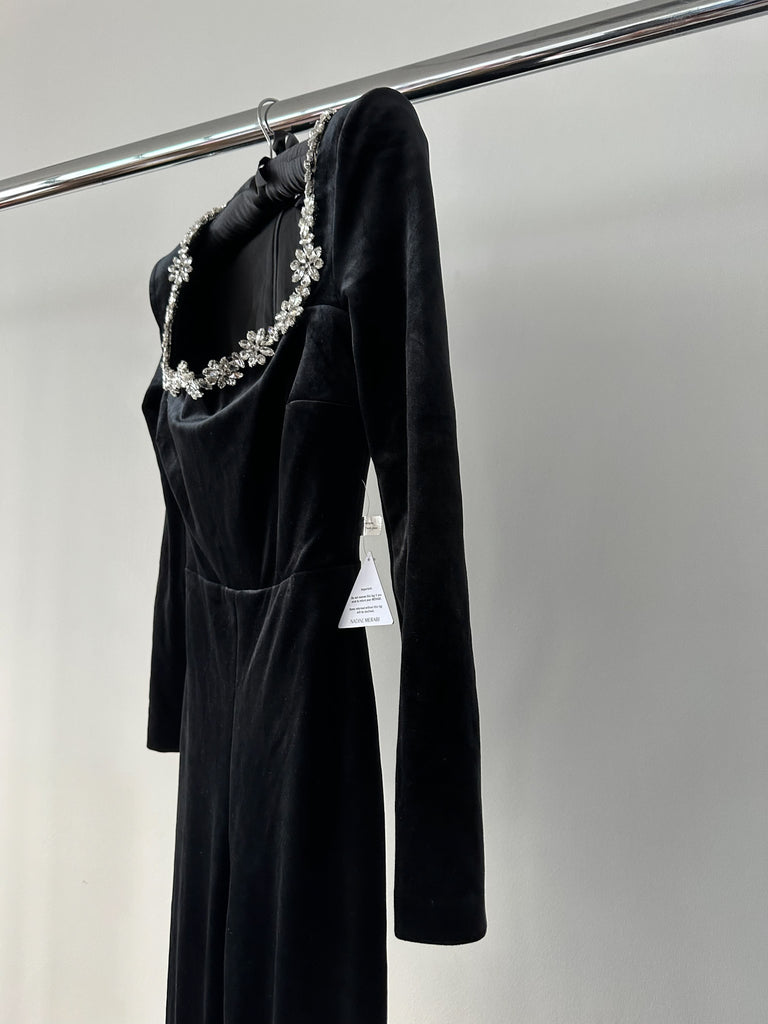 NADINE MERABI Black Kimberly Jewel Embellished Velvet Jumpsuit - House Of Huntington