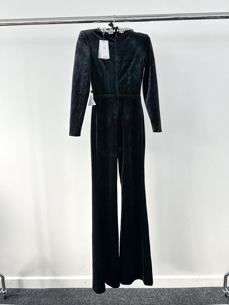 NADINE MERABI Black Kimberly Jewel Embellished Velvet Jumpsuit - House Of Huntington