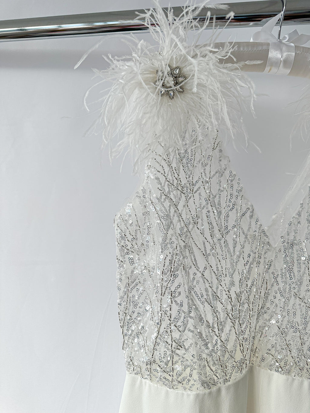 Nadine Merabi White Elissa Embellished Lace Feather Detail Jumpsuit