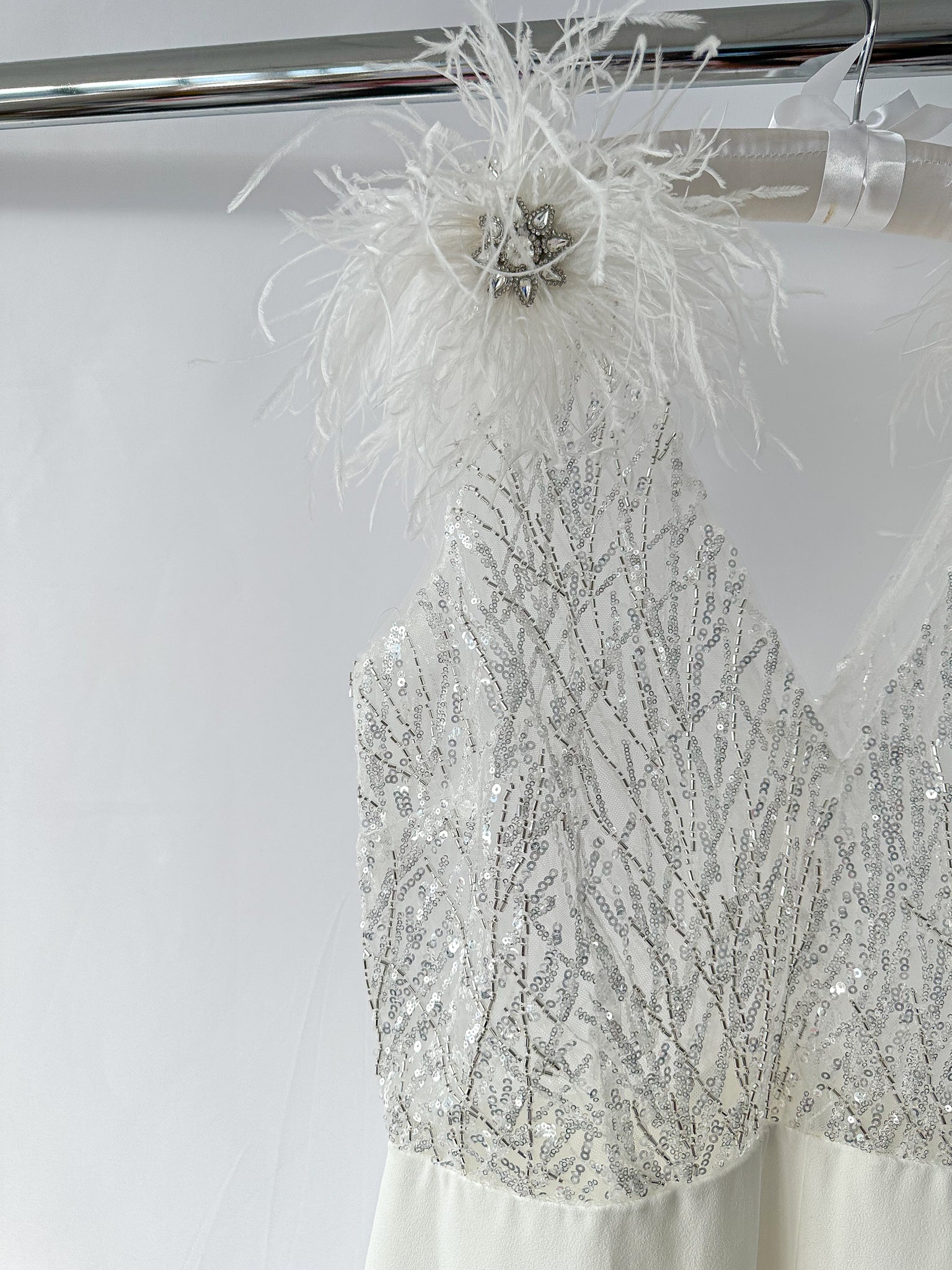 Nadine Merabi White Elissa Embellished Lace Feather Detail Jumpsuit