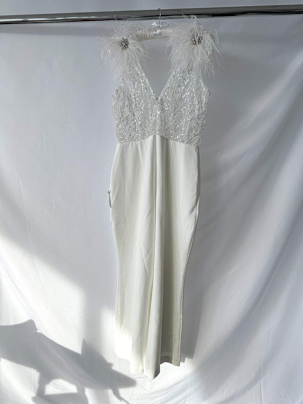 Nadine Merabi White Elissa Embellished Lace Feather Detail Jumpsuit