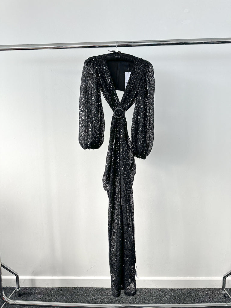 NADINE MERABI Black Madison Sequinned Netted Embellished Detail Cut-Out Jumpsuit - House Of Huntington