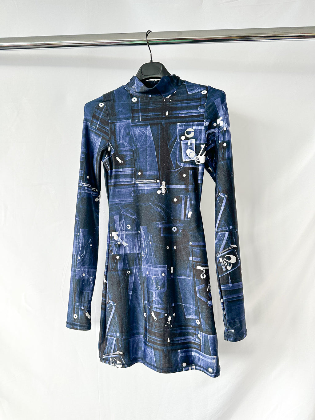Coperni X-Ray Blue Print Logo Front Long Sleeve High Neck Mini Dress
