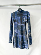 Coperni X-Ray Blue Print Logo Front Long Sleeve High Neck Mini Dress