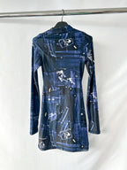 Coperni X-Ray Blue Print Logo Front Long Sleeve High Neck Mini Dress