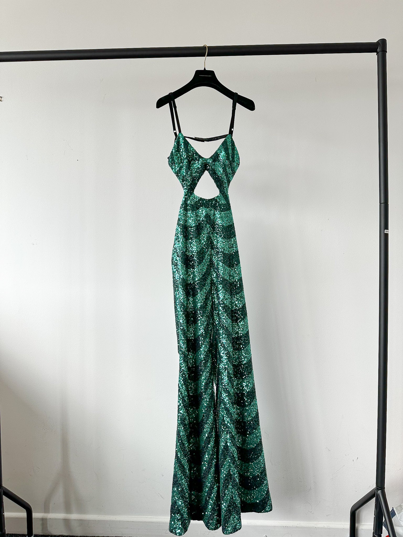 Halpern Sequin Emerald Green Cut-Out Bra Backless Party Mod 70s Jumpsuit