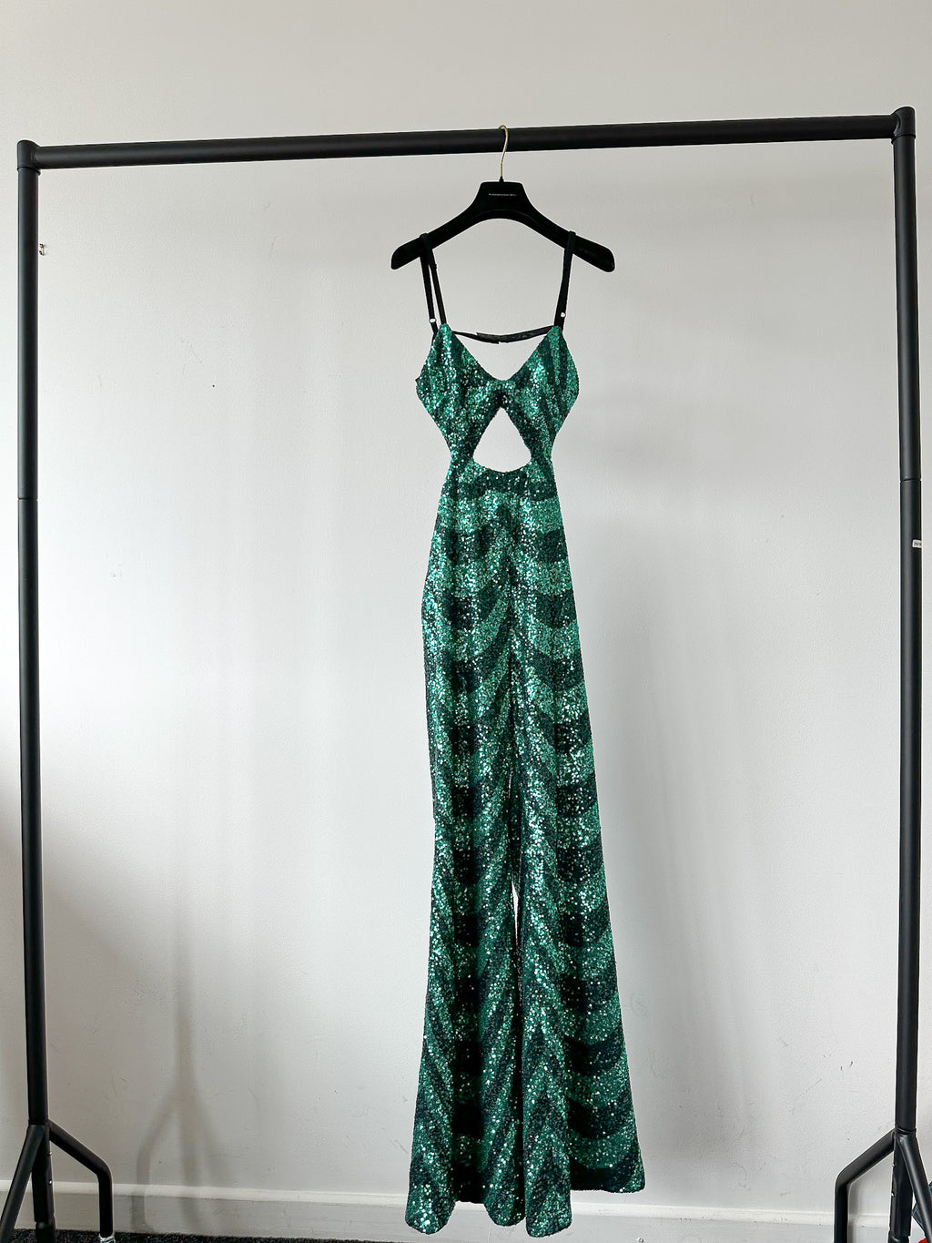 Halpern Sequin Emerald Green Cut-Out Bra Backless Party Mod 70s Jumpsuit
