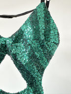 Halpern Sequin Emerald Green Cut-Out Bra Backless Party Mod 70s Jumpsuit