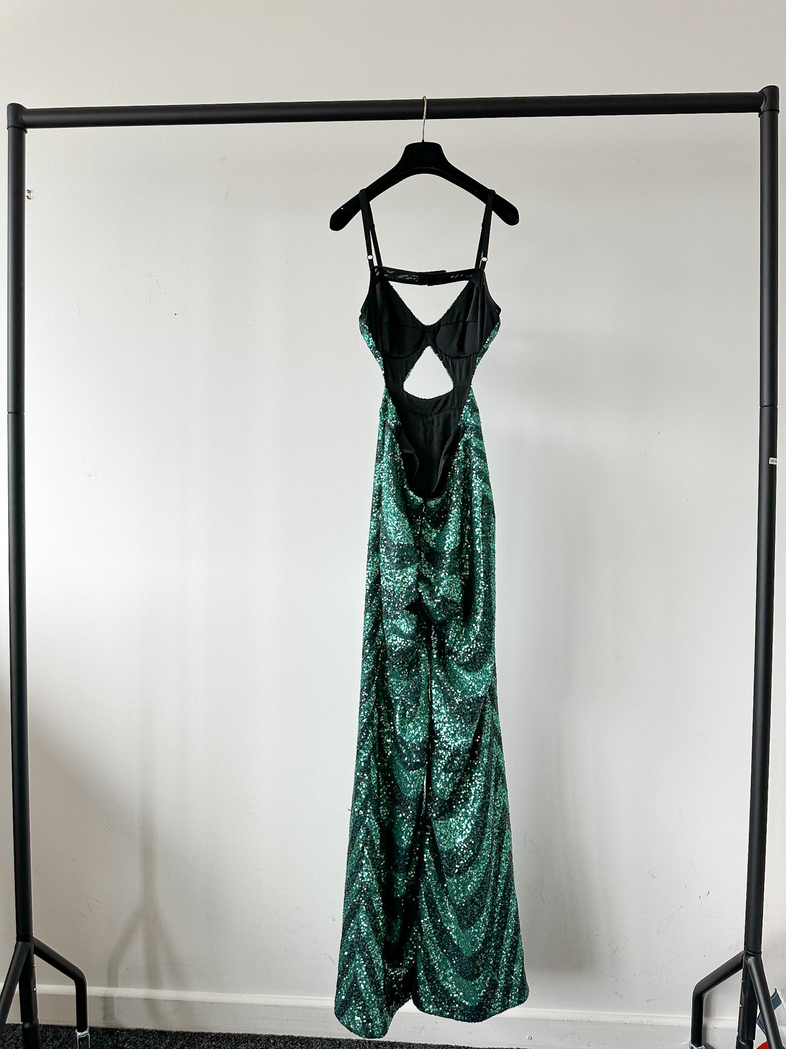 Halpern Sequin Emerald Green Cut-Out Bra Backless Party Mod 70s Jumpsuit