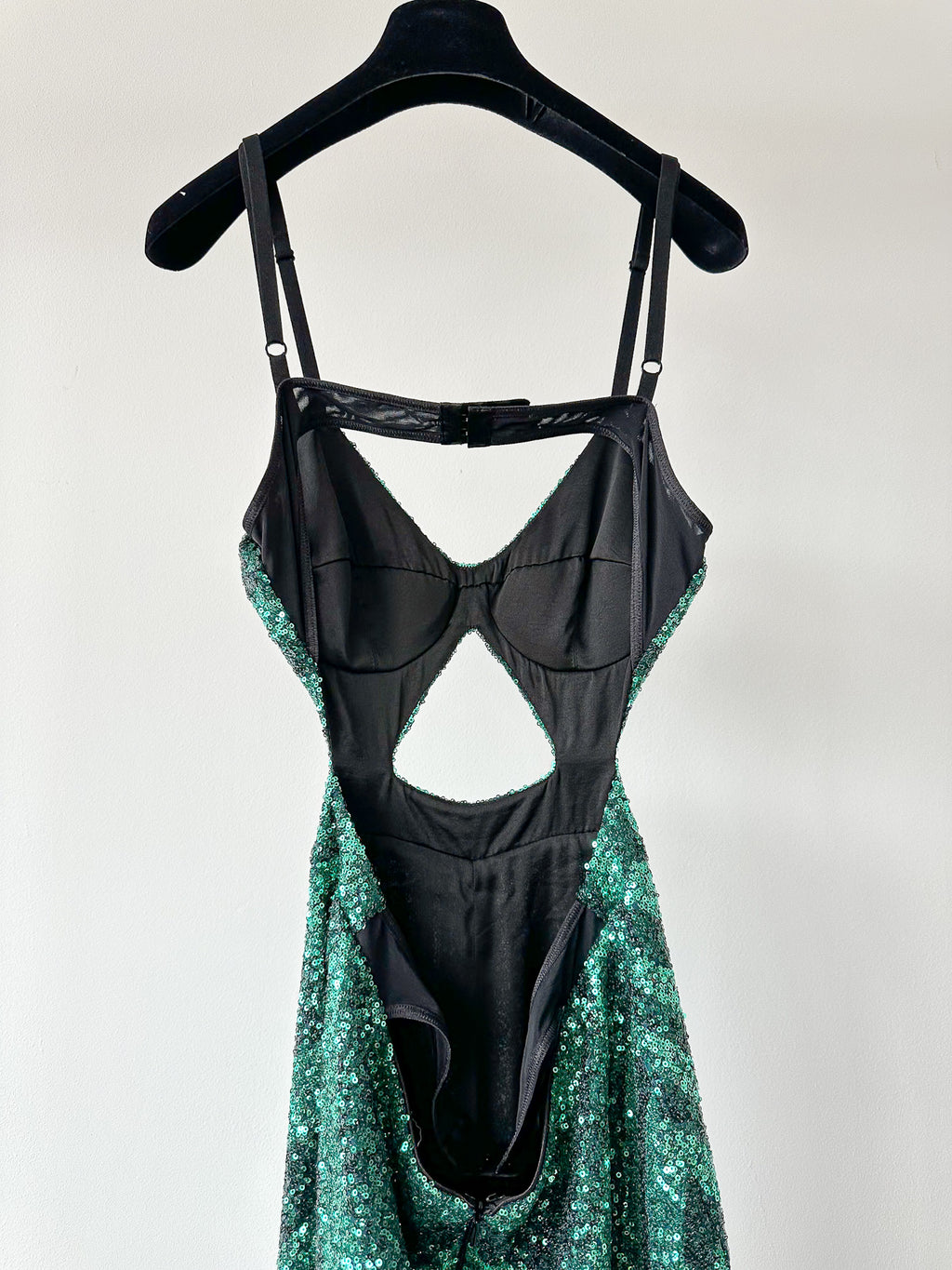 Halpern Sequin Emerald Green Cut-Out Bra Backless Party Mod 70s Jumpsuit