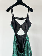 Halpern Sequin Emerald Green Cut-Out Bra Backless Party Mod 70s Jumpsuit
