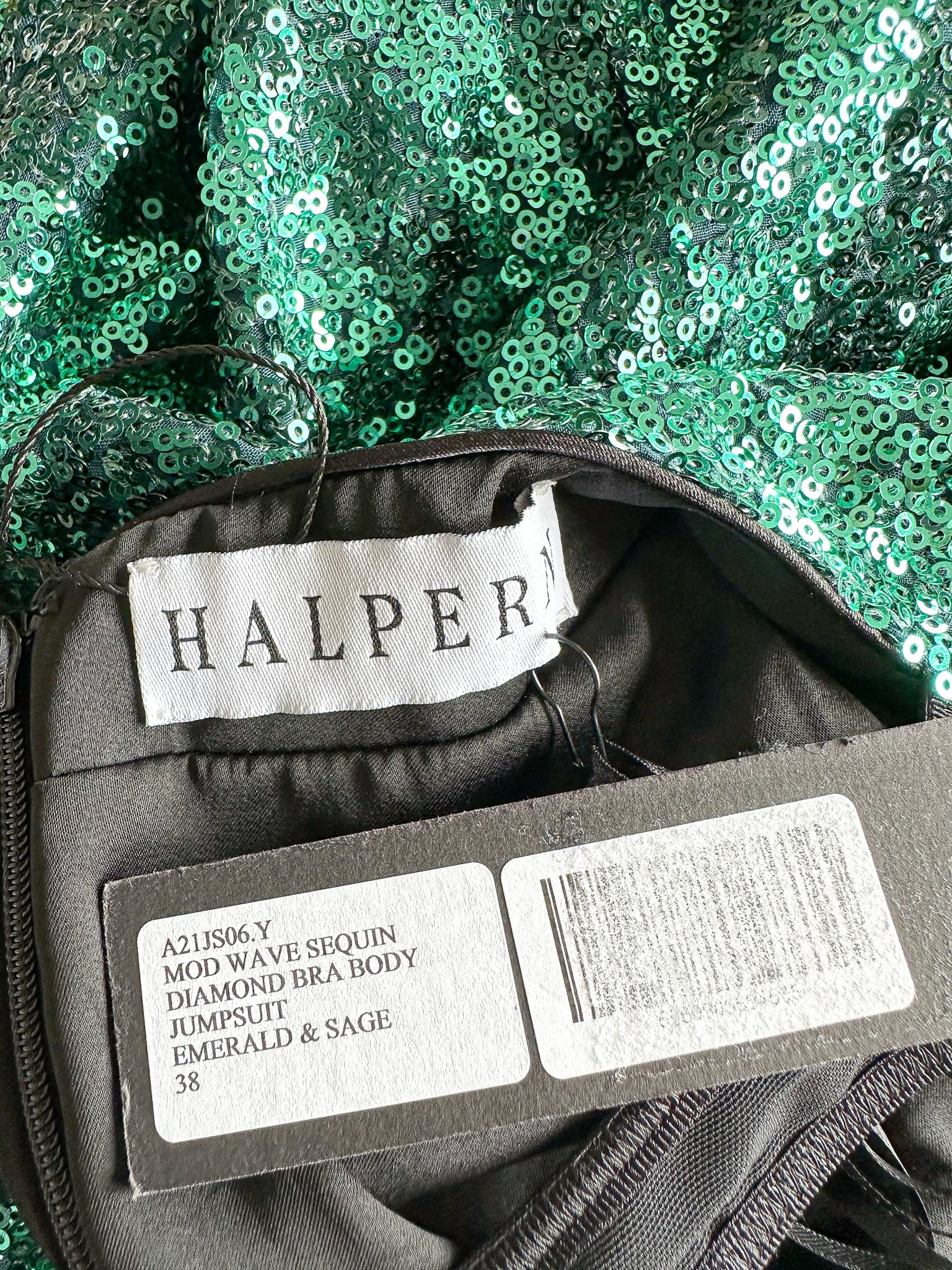 Halpern Sequin Emerald Green Cut-Out Bra Backless Party Mod 70s Jumpsuit