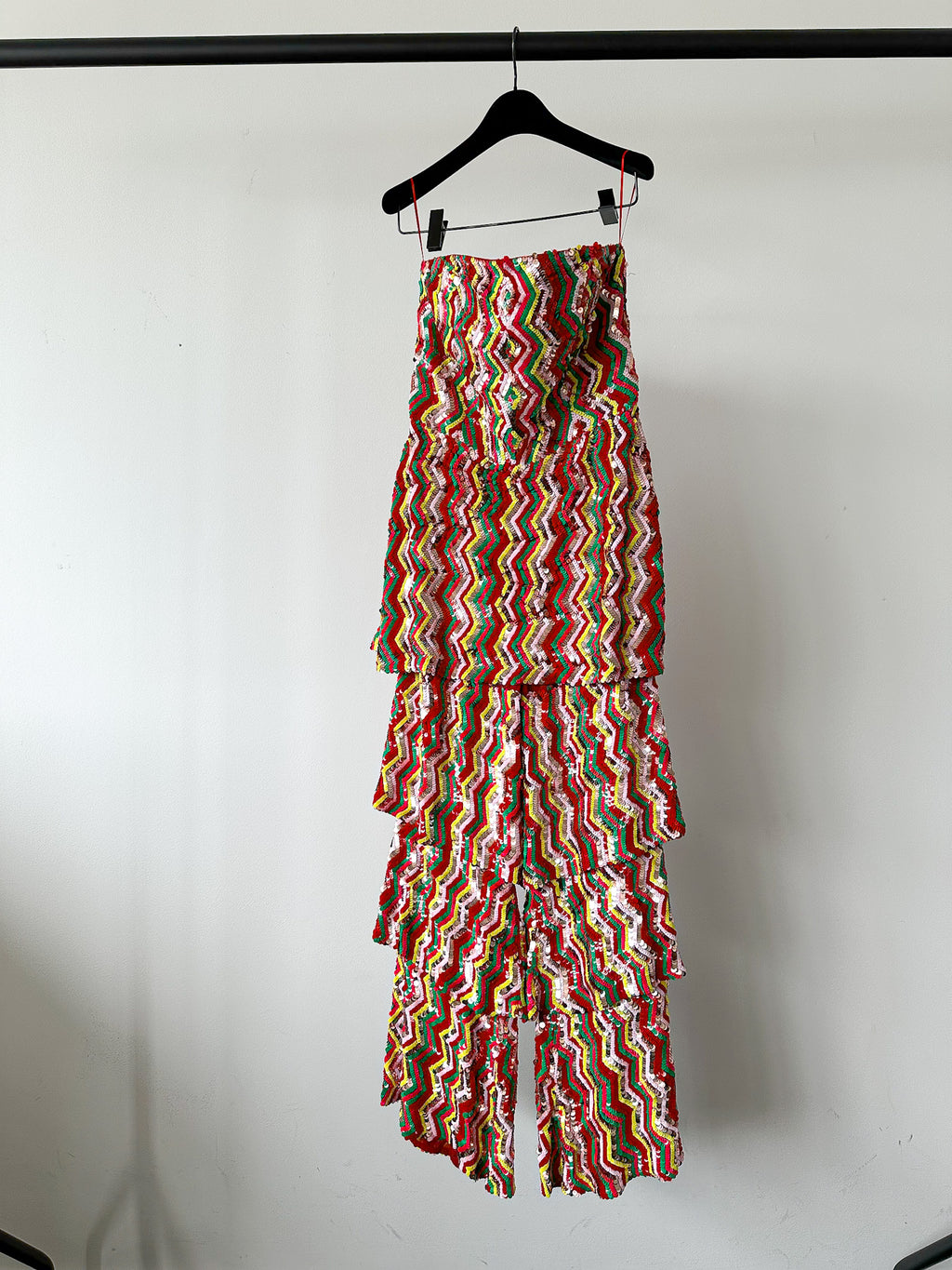 Osman London Rainbow Red Yellow Pink Sequinned Strapless Tiered Flounce Leg Tamina Jumpsuit
