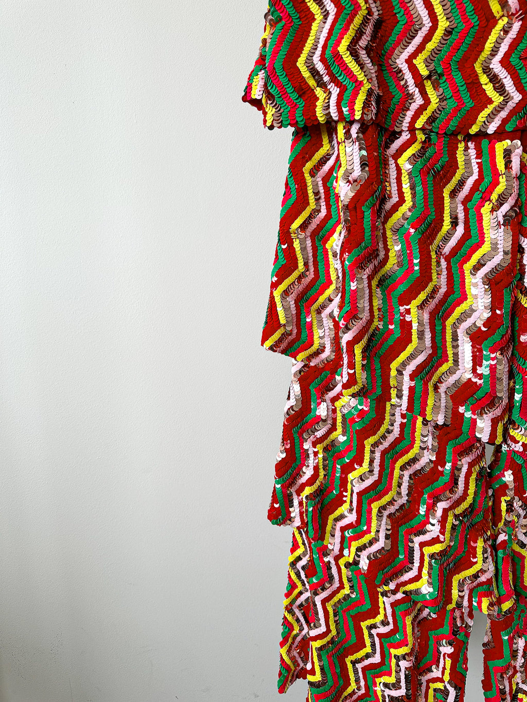 Osman London Rainbow Red Yellow Pink Sequinned Strapless Tiered Flounce Leg Tamina Jumpsuit