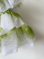 Halpern Shimmery Green Tiered Tulle Poofy Ruffle Strapless Mini Dress