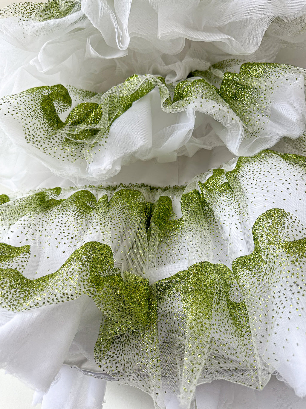 Halpern Shimmery Green Tiered Tulle Poofy Ruffle Strapless Mini Dress