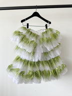 Halpern Shimmery Green Tiered Tulle Poofy Ruffle Strapless Mini Dress