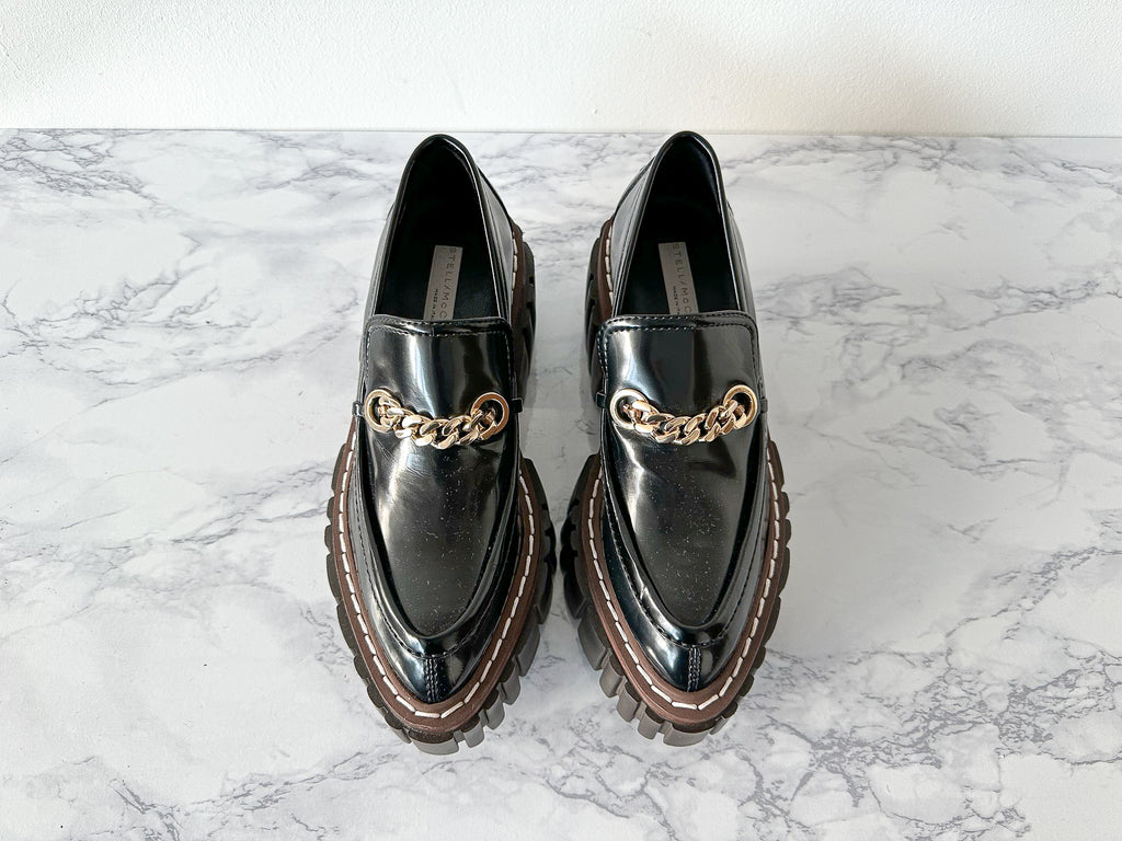 STELLA MCCARTNEY Black Emilie Chain-Strap Faux-Leather Platform Loafers (EU 35)
