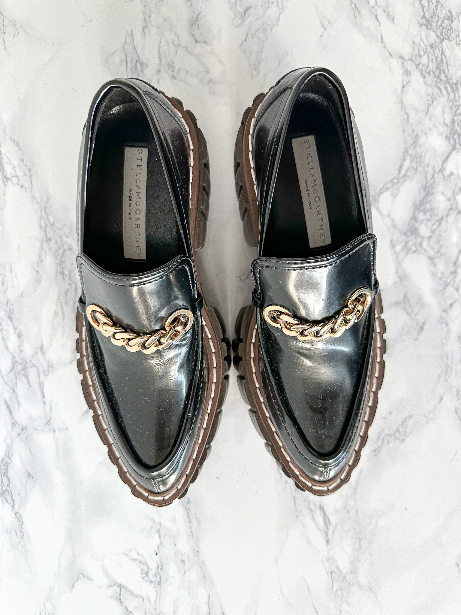 STELLA MCCARTNEY Black Emilie Chain-Strap Faux-Leather Platform Loafers (EU 35)