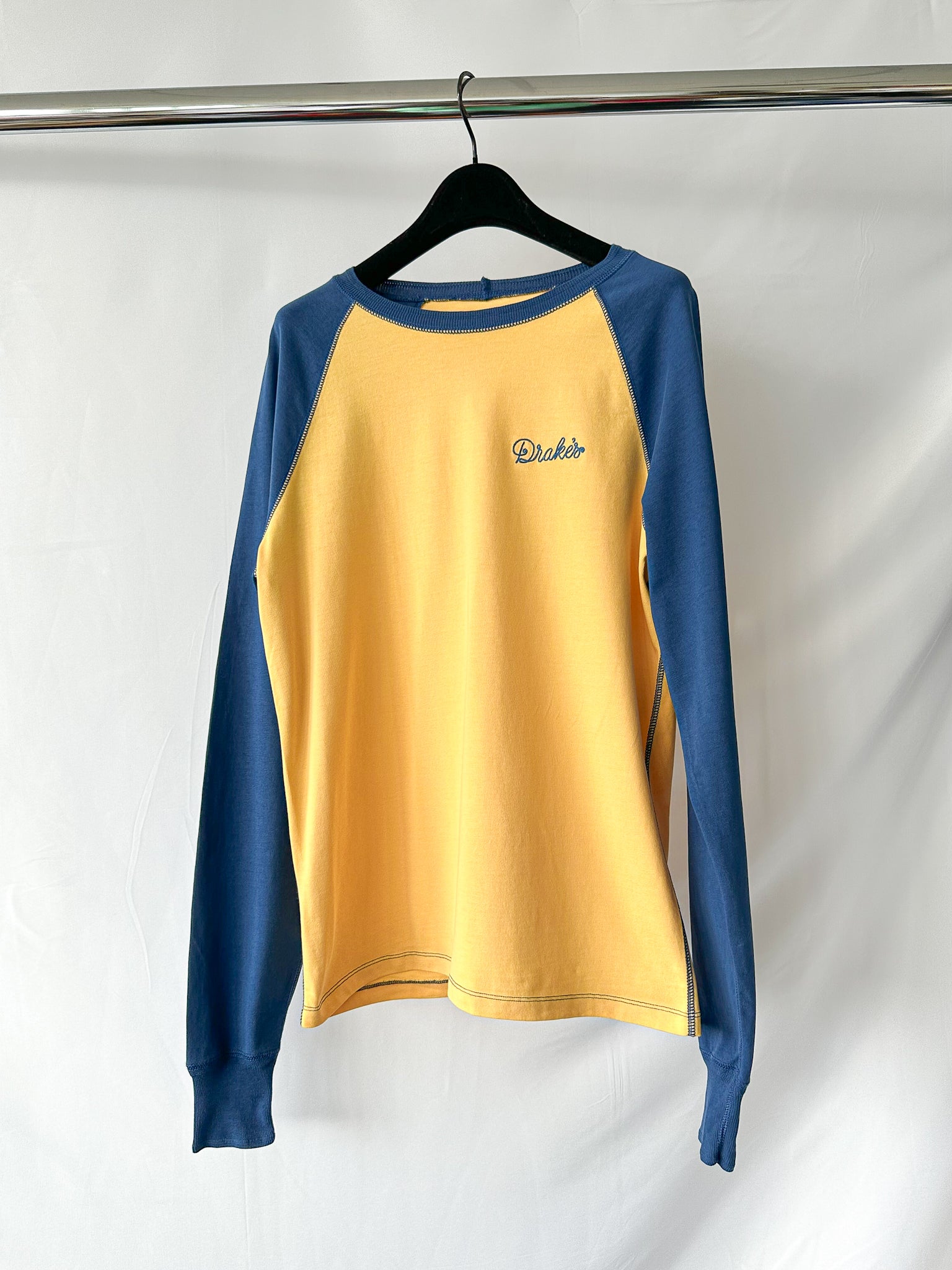 Drake's Long Sleeve Navy & Yellow Hiking Tee With Chain Stitch Logo