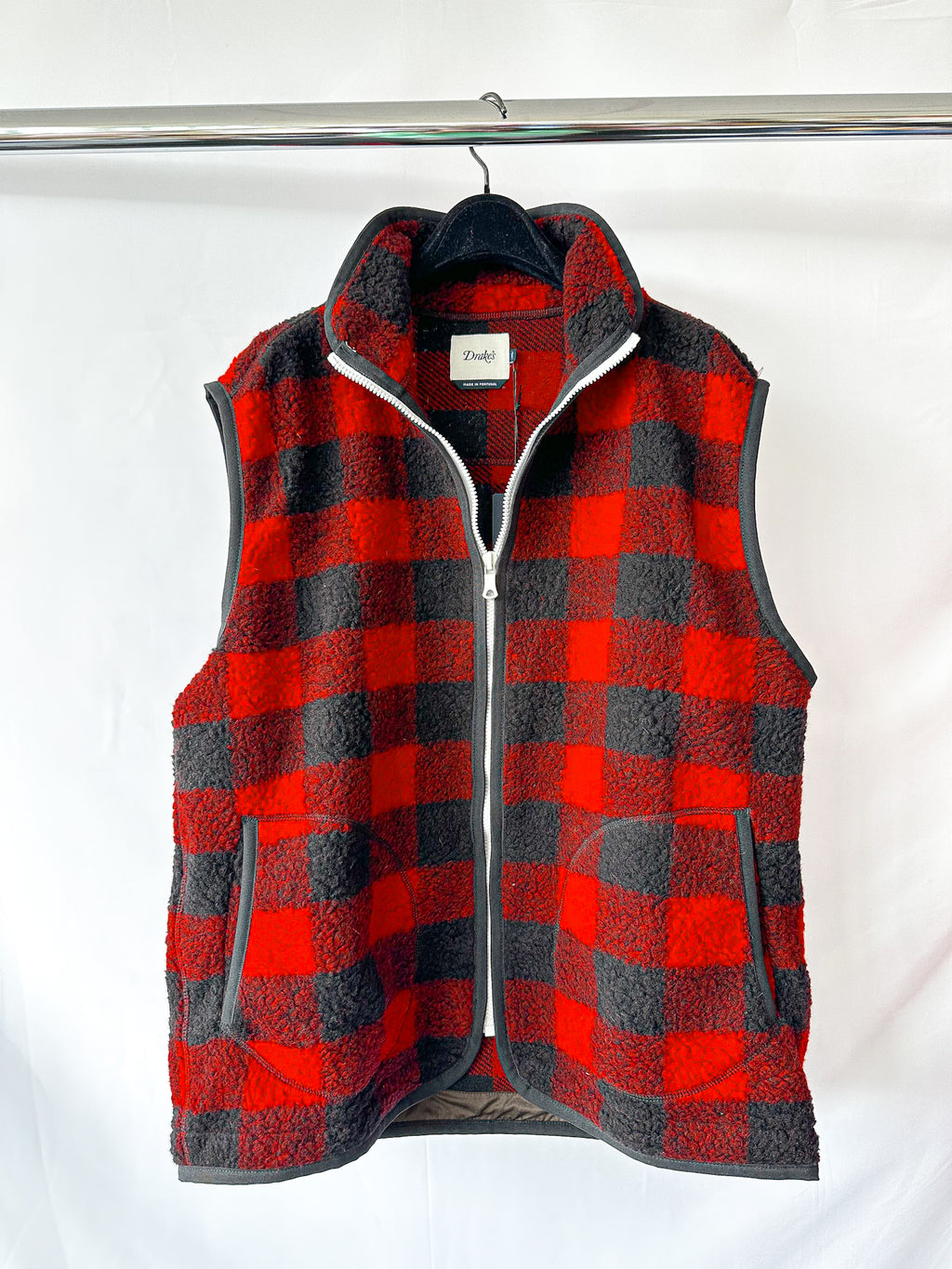 Drake's Buffalo Check Wool Blend Bouclé Vest Gilet In Red Black