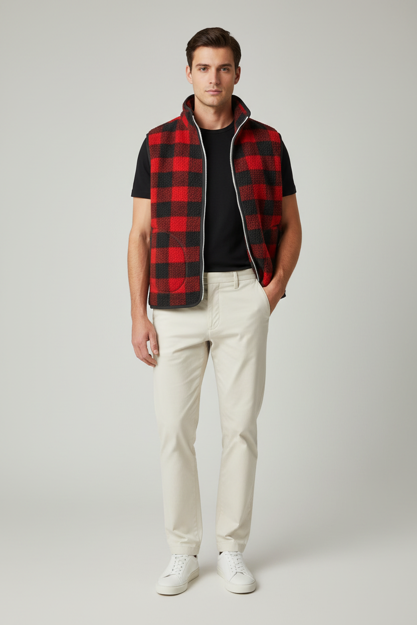 Drake's Buffalo Check Wool Blend Bouclé Vest Gilet In Red Black