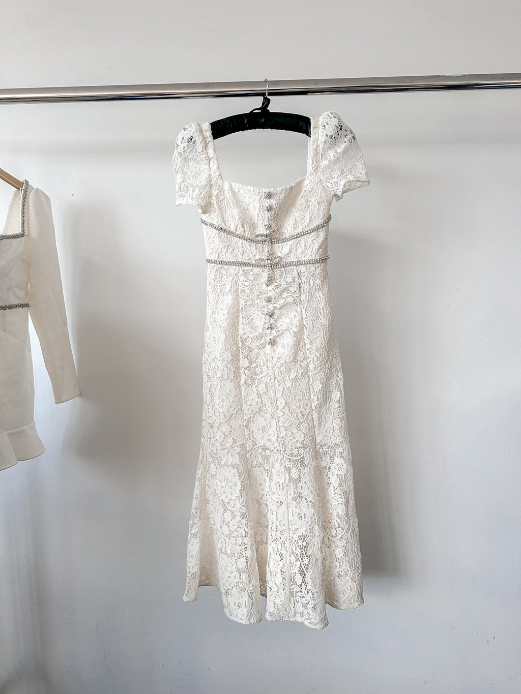 Self-Portrait Cream Lace Diamante Bow Midi Dress