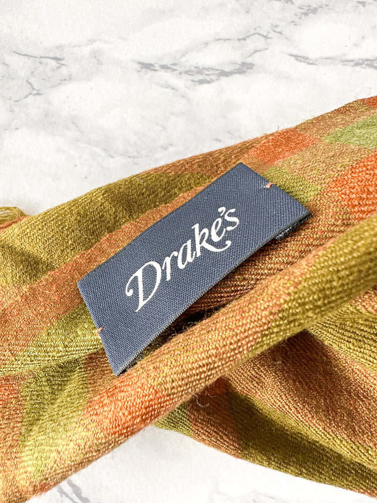 Drake's Cashmere Scarf In Dark Orange Olive Green Extra Large - House Of Huntington