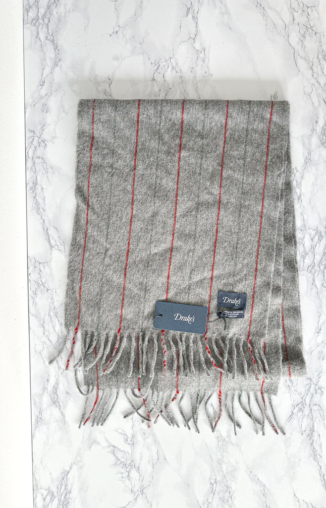 Drake's Light Grey Lambswool Angora Striped Scarf - House Of Huntington