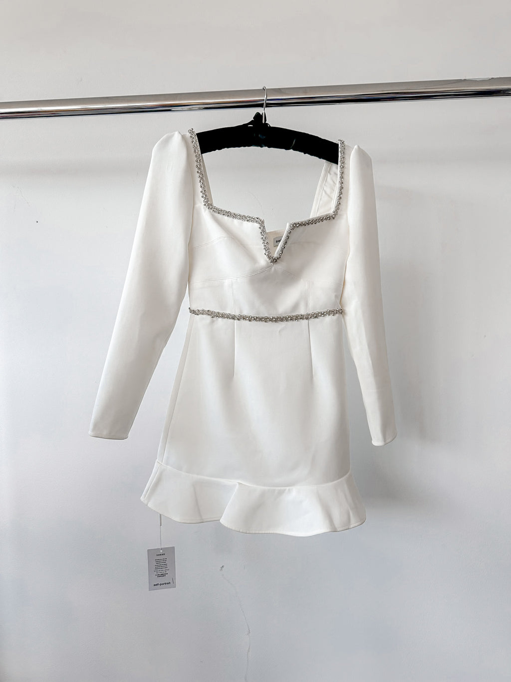 Self-Portrait White Bonded Crepe Long Sleeve Mini Dress