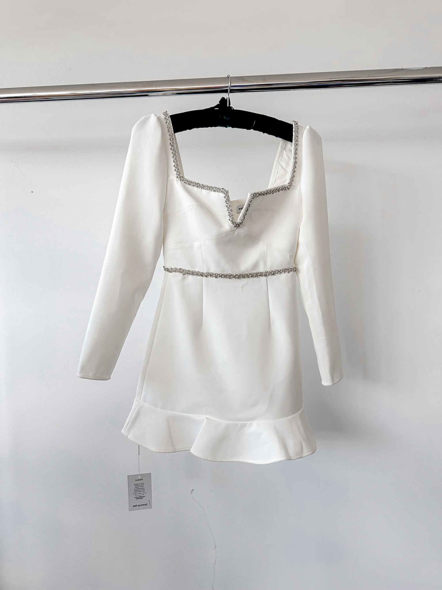 Self-Portrait White Bonded Crepe Long Sleeve Mini Dress