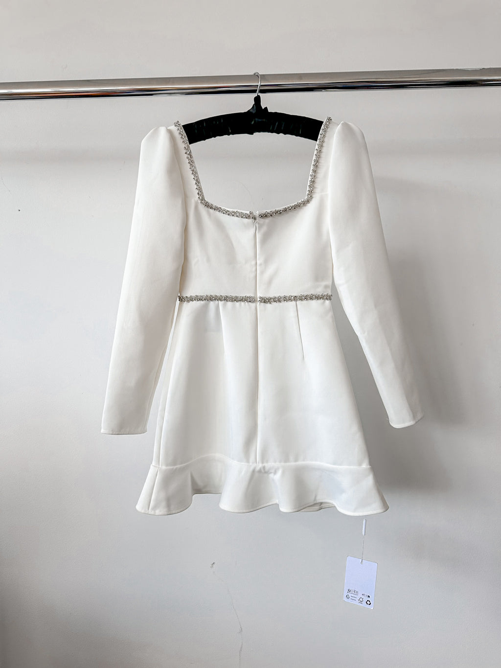 Self-Portrait White Bonded Crepe Long Sleeve Mini Dress
