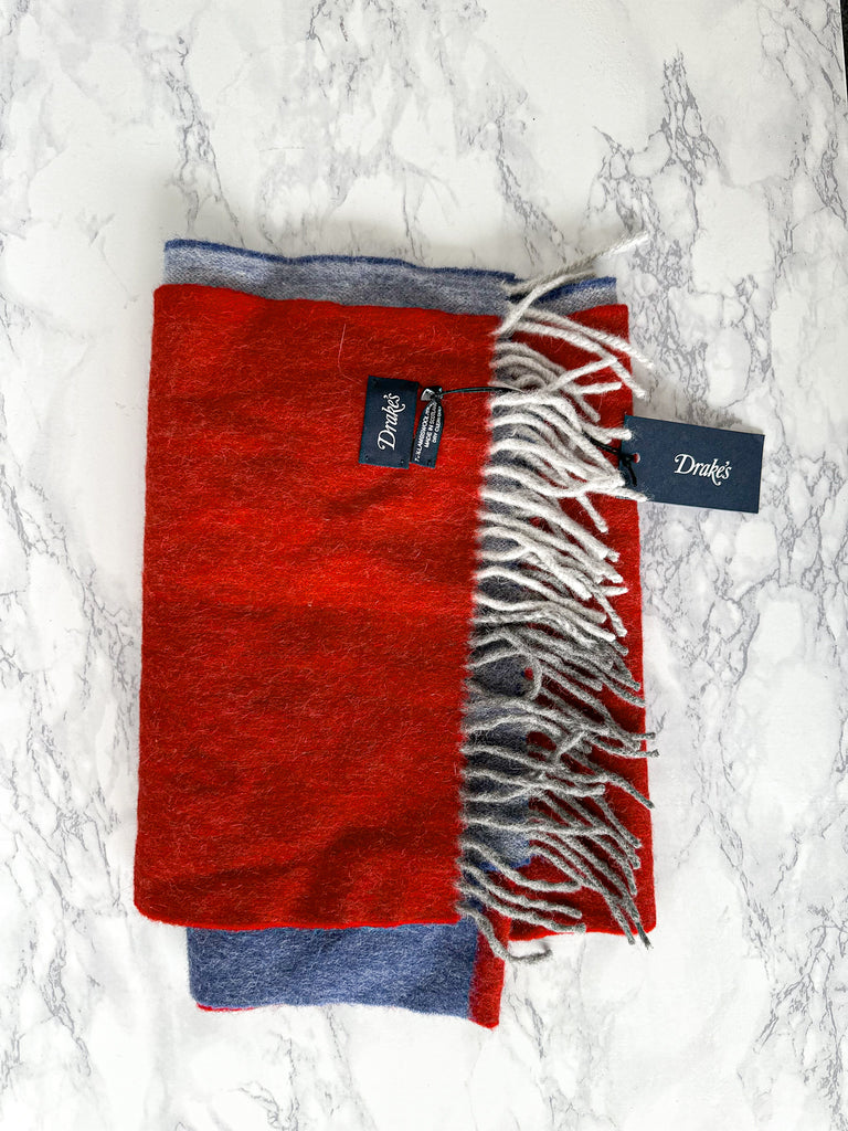 Drake's Red Blue Coloublock Lambswool Angora Scarf - House Of Huntington