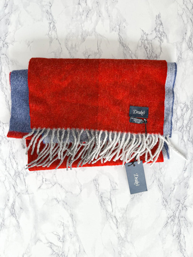 Drake's Red Blue Coloublock Lambswool Angora Scarf - House Of Huntington