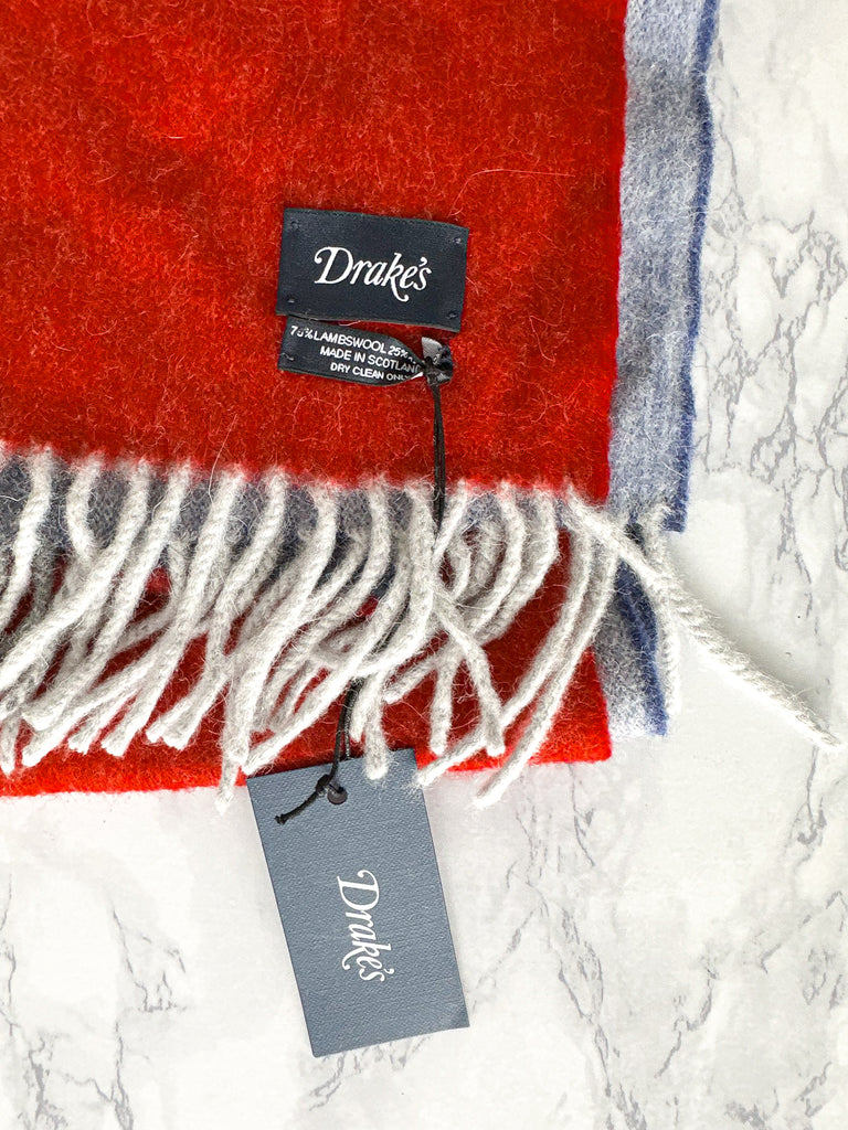 Drake's Red Blue Coloublock Lambswool Angora Scarf - House Of Huntington