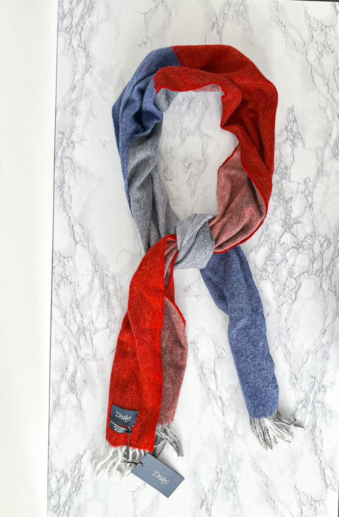 Drake's Red Blue Coloublock Lambswool Angora Scarf - House Of Huntington