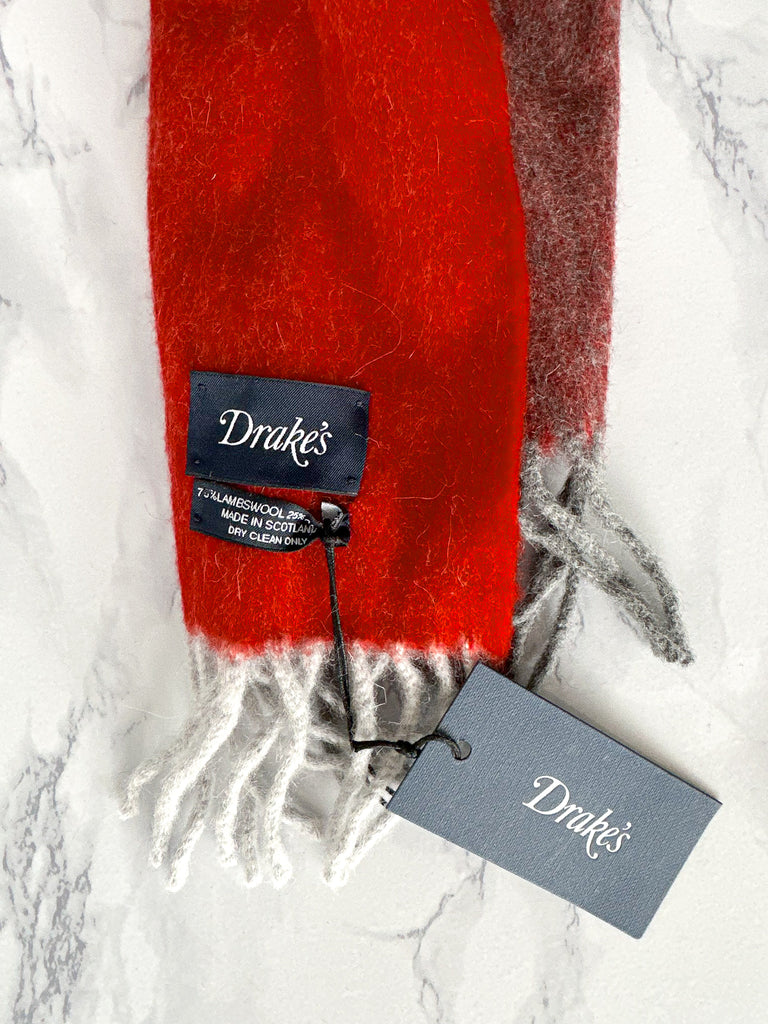 Drake's Red Blue Coloublock Lambswool Angora Scarf - House Of Huntington