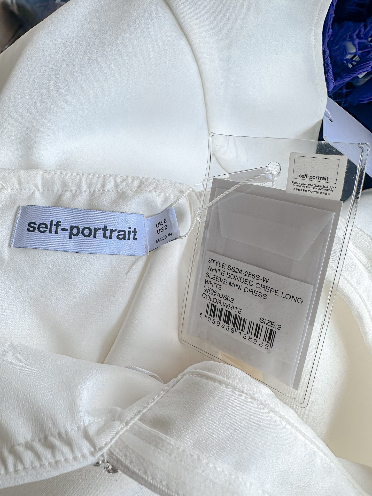 Self-Portrait White Bonded Crepe Long Sleeve Mini Dress