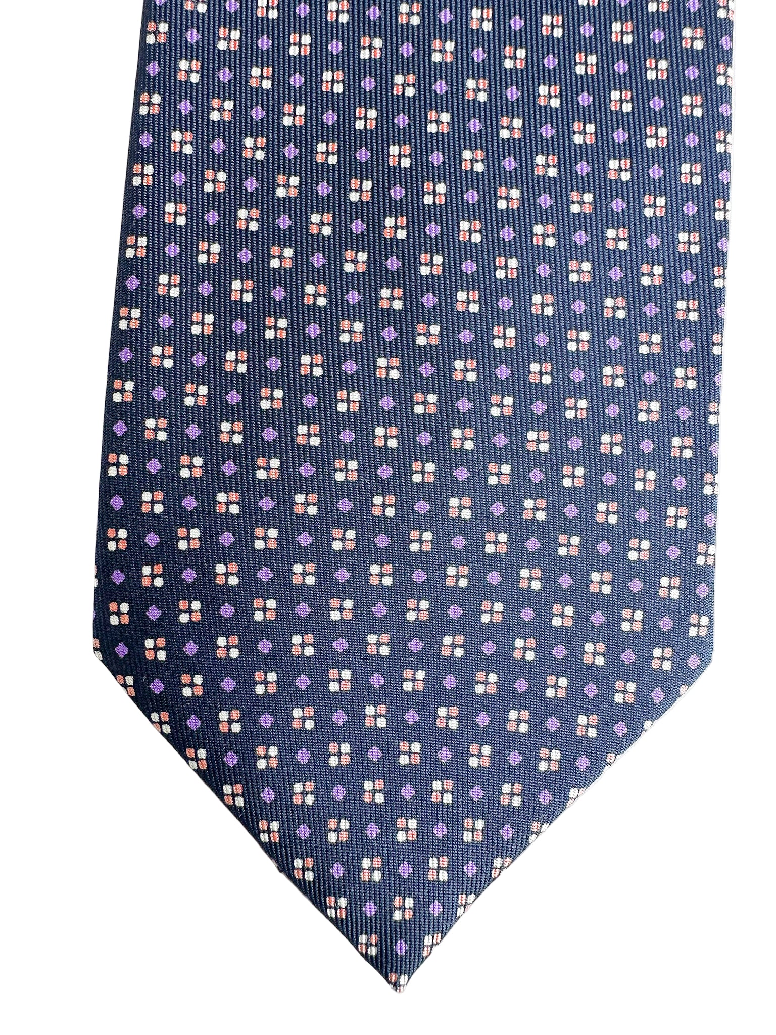 Drake's Navy Silk Tie With Purple Diamond Dot Print